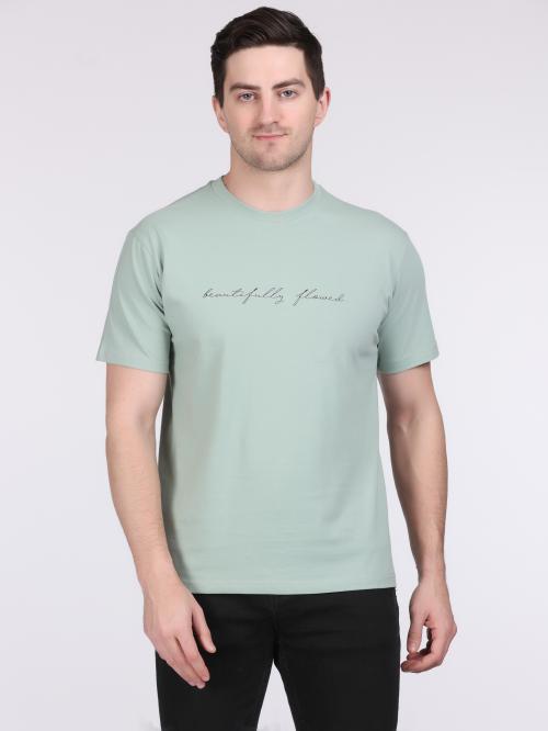 Hillberg Men's Round Neck Plain T-Shirt With Print (Greenish Cyan Color/L-Size)