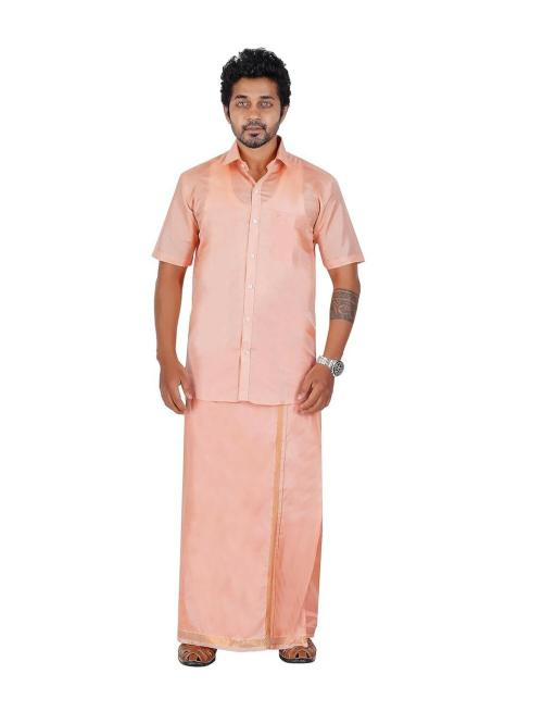 PRAKASAM COTTON -Mens Art Silk Tissue Wedding Set/Art Silk Tissue 8 Mulam (8-Yard) Dhoti and Stitched Half Sleeve Shirt