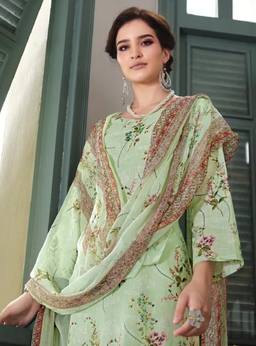 THE JAZZBAAT Unstitched Printed Embroidery Work Cotton Salwar Suits Dress Material with Chiffon Dupatta Unstitched Dress Material For Women (Green)