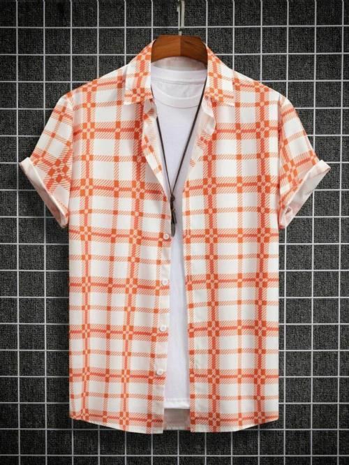 BLIMERC Men Orange Checked Lycra Casual Shirt - L