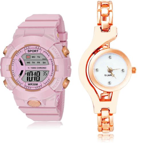 TIMENTER Brand New Formal Digital Kids Watch And Chain Pink And Rose Gold Colour Digital And Analog Plastic And Stainless Steel Belt 2 Watch Combo For Women And Girls - DG36-G69