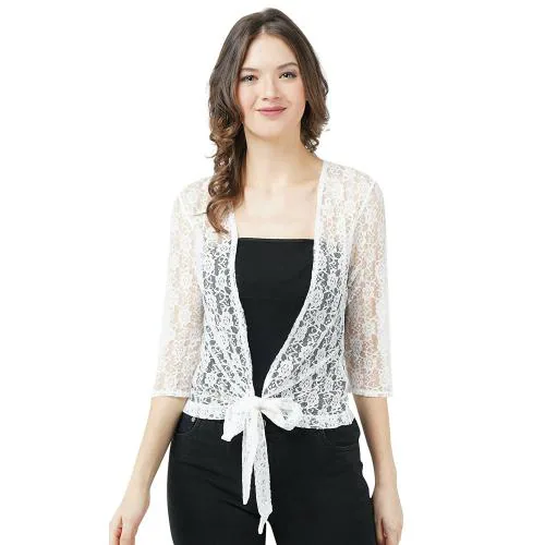 AOL Women White Front Open Net Shrug with tie Knot - XL