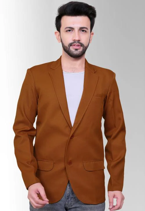 Avaeta Men's Mustard Yellow Solid Cotton Blend Blazer