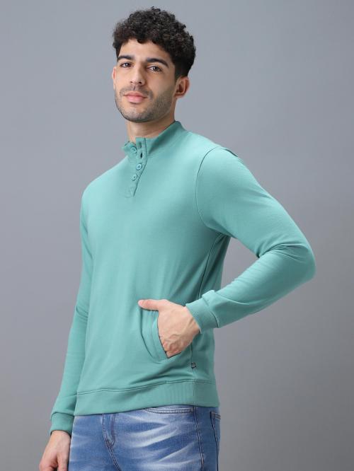 Urbano Fashion Men's Green Cotton Solid Button High Neck Sweatshirt