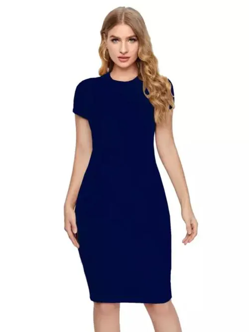 SHIVAAY Women's Party wear Knee Length Stretchable Polyester Fabric One Piece Midi Dress Bodycon Dress (Blue)