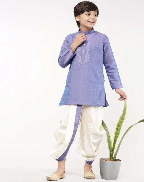 RAMRAJ COTTON Boys Art Silk Royal Blue/Cream Solid Kurta & Panchakacham Dhoti Set