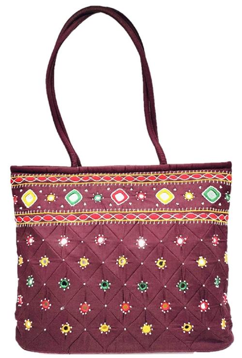 SriAog embroidered Handcrafted handbags Mirror Thread work Hand bag for Women Travel hand bag | Zipper Tote Bag | ladies Long hand bags | Shopping Handbag (Medium Brown shoulder bags)