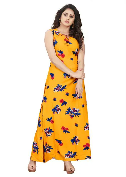 VHCK ENTERPRISE Women Yellow Printed Polyester Flared A-line Gown