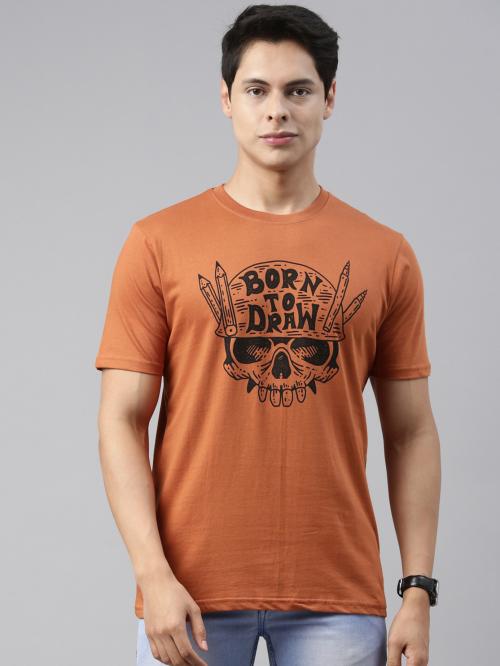 Recast Men Brown Graphic Print Pure Cotton Round Neck T-shirt L