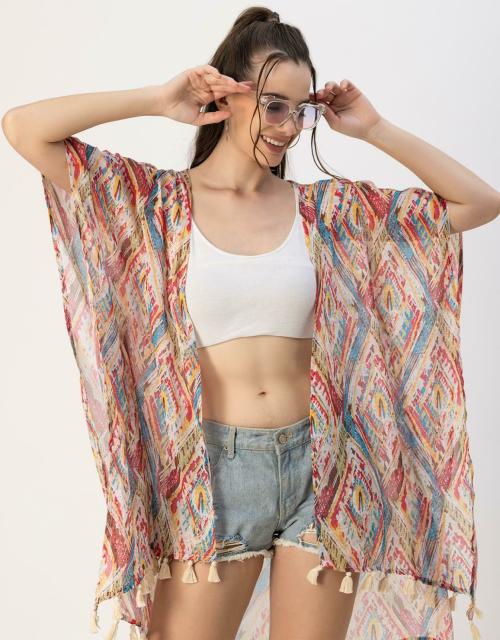 Moomaya 3/4 Sleeves Kimono Sleeves V Neck Relaxed Fit Printed Women's Shrug