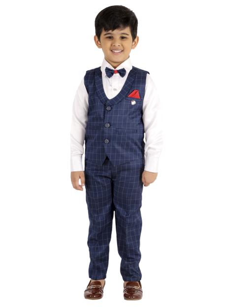 Fourfolds Boys Navy Solid Cotton Blend Kurta Set