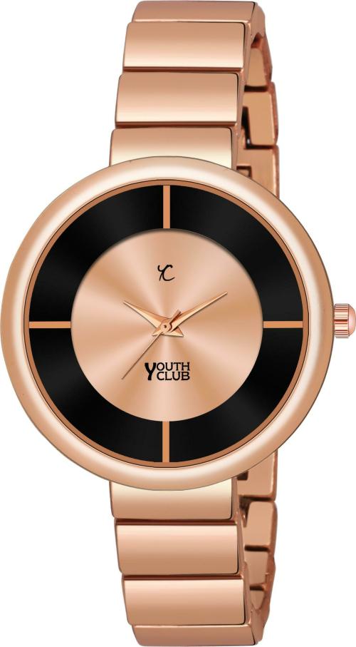 YOUTH CLUB Black Dial Rose Gold Strap Analog Watch For Women (FSL-01RGBK)