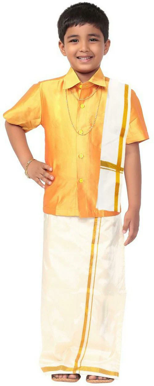 THANGAMAGAN Boy Gold Solid Art Silk Dhoti, Shawl and Shirt Set (7-8Y)