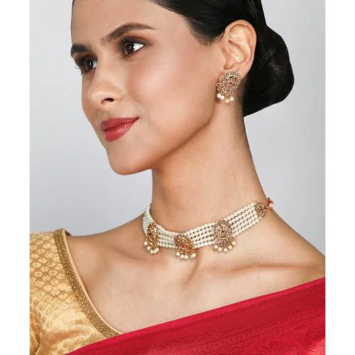 Asmitta Jewellery Gold Plated Pearl Studded Choker Necklace Set For Women