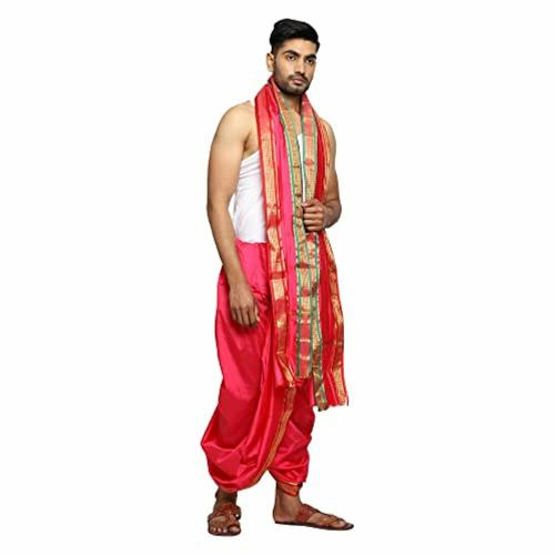 Rameshwaram Fabrics Men Red Art Silk Dhot with Angwastram Set