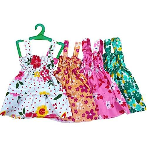 TVESA Baby Girl JHABLA Frock Cotton Printed Kids Dress Combo Pack of 4
