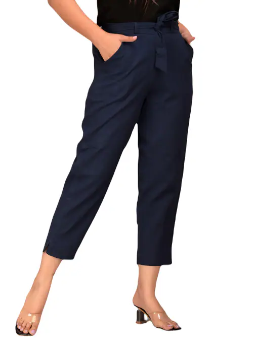 Buy PREEGO Women Dark Blue Slim Fit Pure Cotton Trousers Online at Best ...