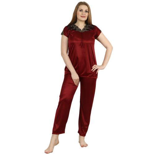 Buy LOOK PLUS Women's Satin Plain/Solid Maroon Night suit Top & Pajama