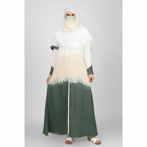 OVAIS ABAYA COLLECTION JUNIBA Double Contrast Tai Dye Front Open Zipper Abaya Loose Sleeve For Women Green XXL