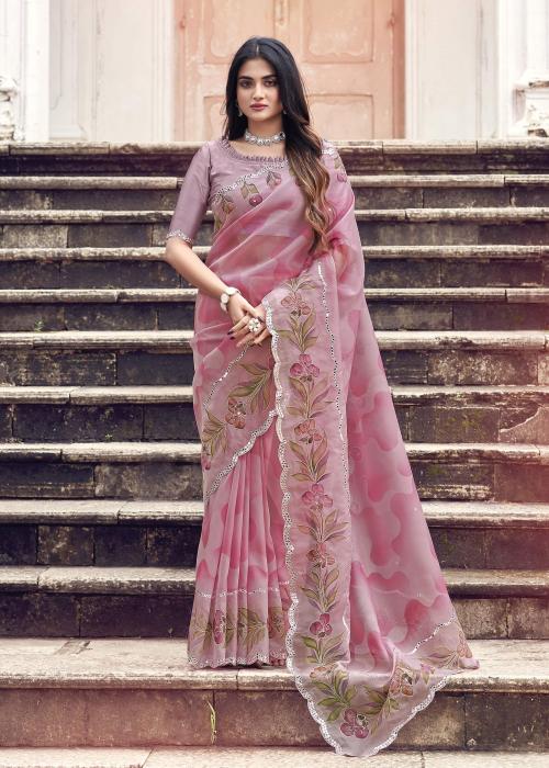 Nupur Collection Women Peach Floral Hand Printed Organza Saree with Cutwork Embellish Border
