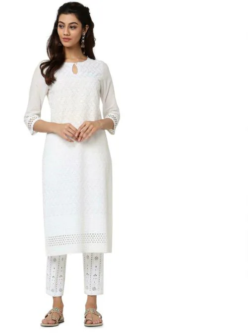 NAARI Women White Embroidered Pure Cotton Straight Kurta (S)