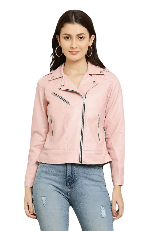 PREEGO Women Pink Solid Lightweight Leather Jacket