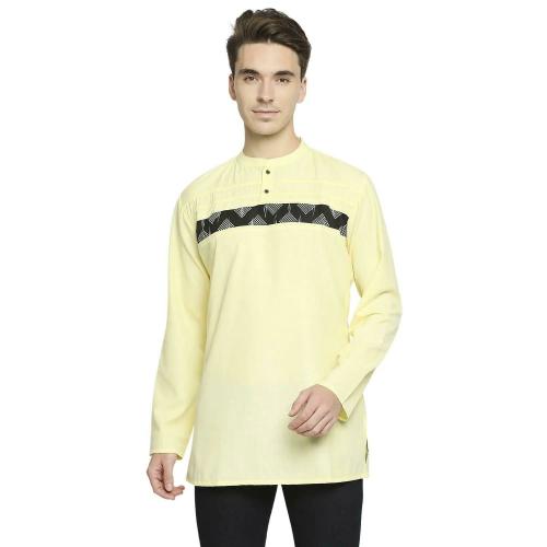 ARCHATTIRE Men Yellow Hand Block Printed Cotton Short Kurta (Large)