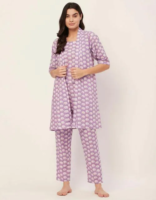 Moomaya Sleepwear, 3 Pcs Cotton Loungewear Set, Printed Top Pajama & Shrug Night Suit Set