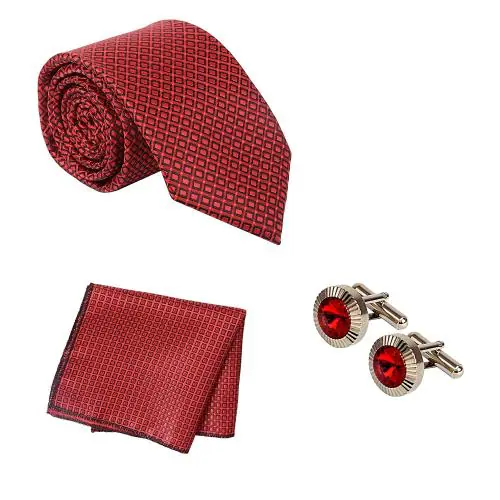 TIE STUDIO Men Red Microfiber Necktie with Pocket Square and Cufflinks