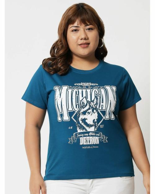 Beyound Size - The Dry State Graphic Print Women Round Neck Blue T-Shirt