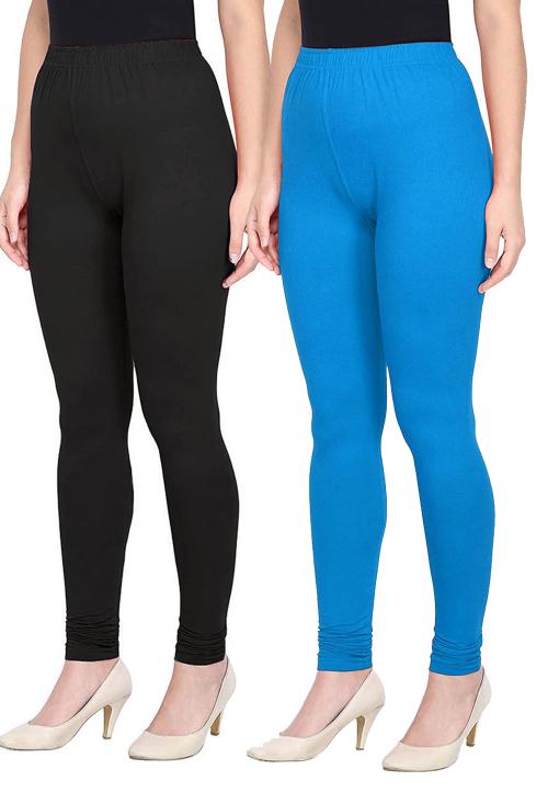 KEX Black Sky Blue Solid Cotton Churidar Length Legging Combo Legging Combo Girls Legging Combo Churidar Legging Combo