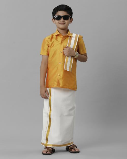 Ramraj Cotton Boys Yellow Shirt and Cream Dhoti With Towel