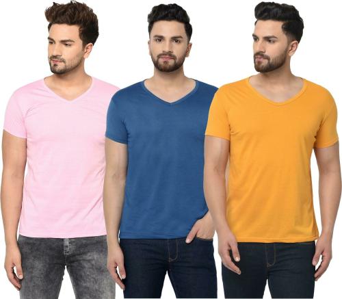 Bribzy Men Pink, Airforce, Mustard Solid Cotton Blend pack of 3 T-Shirts (Small)