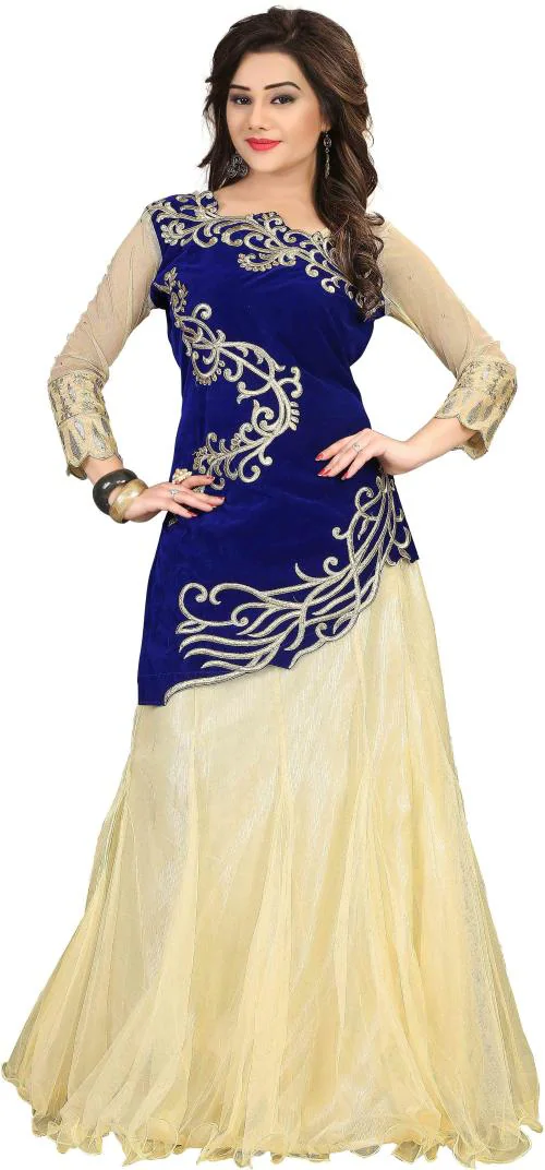 Fabcartz Women Blue Embroidered Net Lehenga Choli