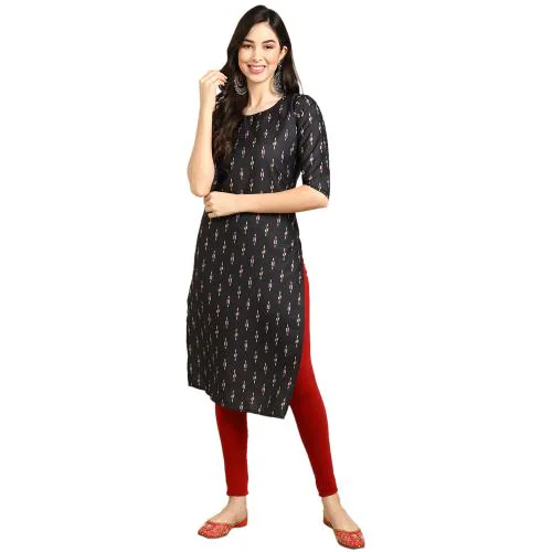1 Stop Fashion 1 Stop Fashion Women's Crepe Black Color Ethnic Motif Printed Straight Kurti