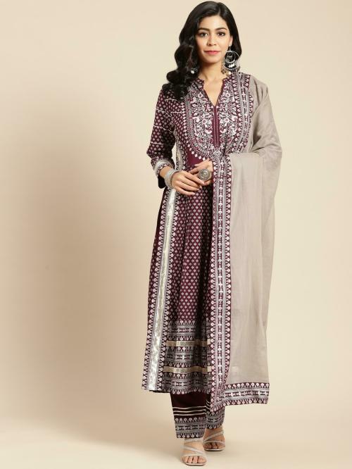Prakhya Women Burgundy Printed Viscose Kurta Pant Set With Dupatta