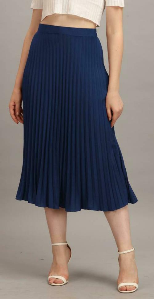 OTABU Women Dark Blue Self Design Pure Crepe Pleated Skirt - 36