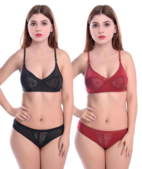 In-Curve -Women Net Bra Panty Set for Lingerie Set ( Pack of 2 ) ( Color : Black,Maroon )