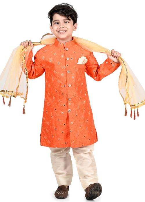 Buy NEW GEN Boys Orange Self Design Art Silk Single Kurta Pyjama with ...
