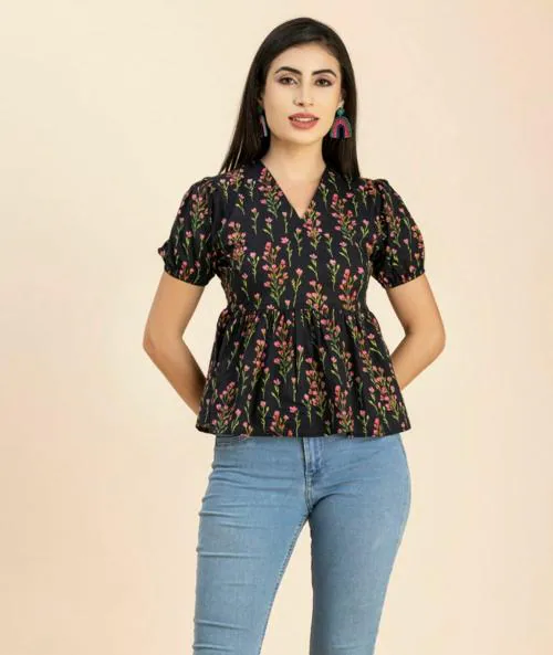 Moomaya Women's Short Puff Sleeves Peplum Top, V Neck Cotton Crop Top