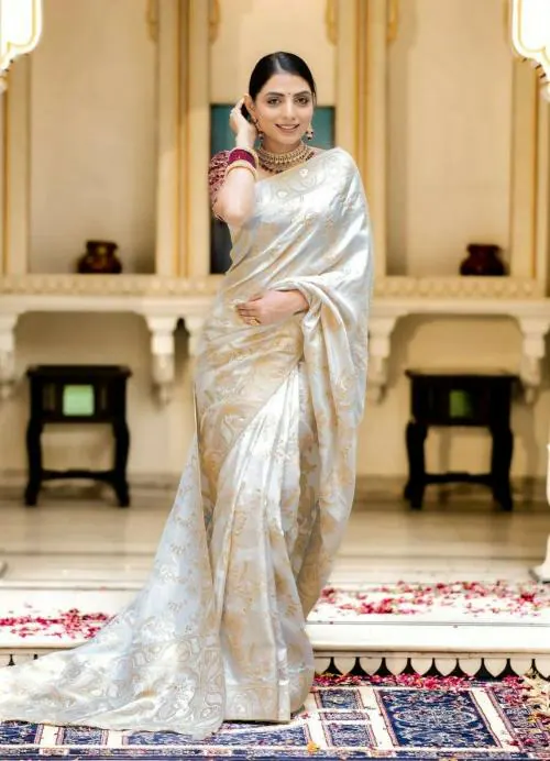 ZILVIRA Women JACQUARD Woven Design Work WHITE Color Saree For women,Women Saree,Sarees,Saree for Wedding,Wedding