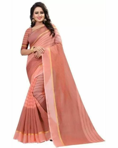 Suntex Women's Peach Colour Cotton Silk Saree With Blouse