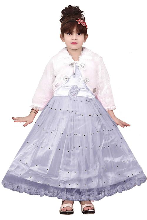 Vivek Girl's Net Gown With White Fur Jacket ( Light Blue )