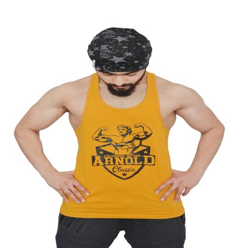 Anax Aesthetics Men's Pure Cotton Gym Wear | Arnold Printed Tank Tops Muscle Gym Bodybuilding Sleeveless Vest Fitness Workout Train Stringers, Color : Magnetic Mustard and Black, Size- 2X Large
