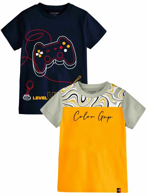 Color Gap Boys T-Shirt Short Sleeve Graphic Print Navy Yellow - Pack of 2