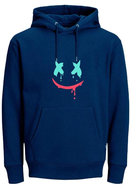 SHREE CHITRANSH CREATIONS Smiley Face Grey Cotton Fleece Round Neck Sweatshirt Hooded Hoodie for Kids Boys Girl (Blue) (10-11 Years)