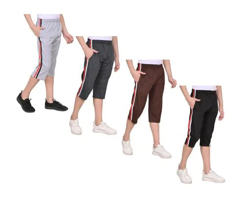 IndiWeaves Boys Cotton Solid Side Striped Capris 3/4th Pants (Pack of 4)