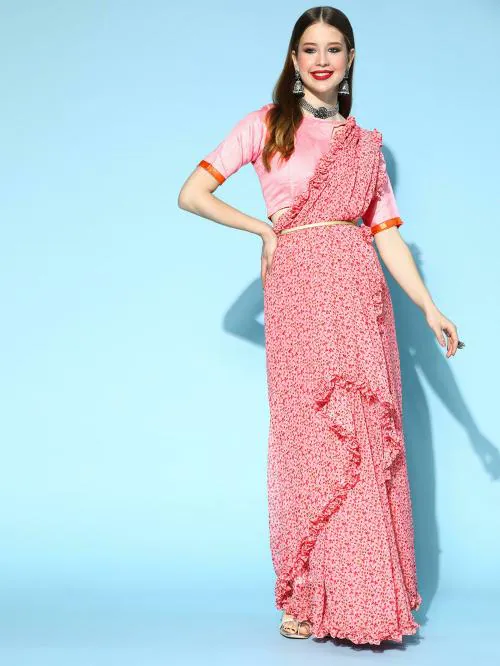 Tikhi Imli Pink Floral Printed Georgette Ruffle Saree