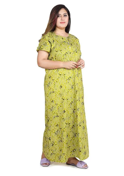 SHREE VITTHAL Women Green Printed 100% Pure Cotton Night Dress