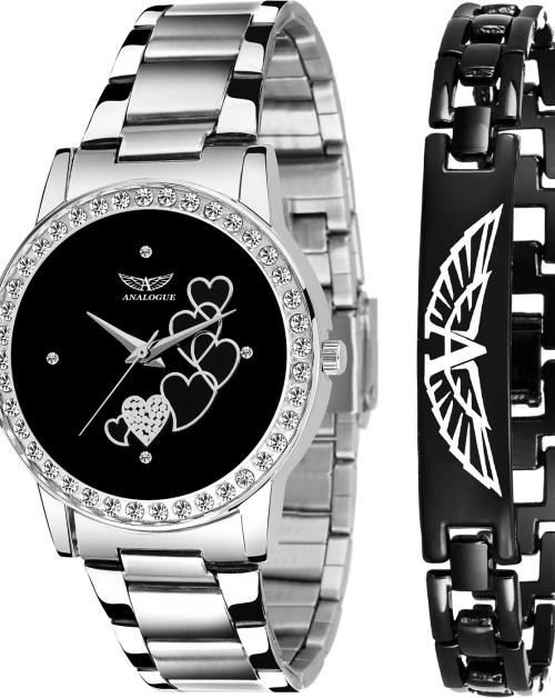 ANALOGUE Black Dial Silver Strap Analog Watch with Bracelet for Women
